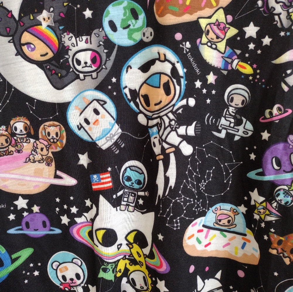 Tokidoki all over space print Black Colorful Character T-shirt size large - Picture 5 of 7